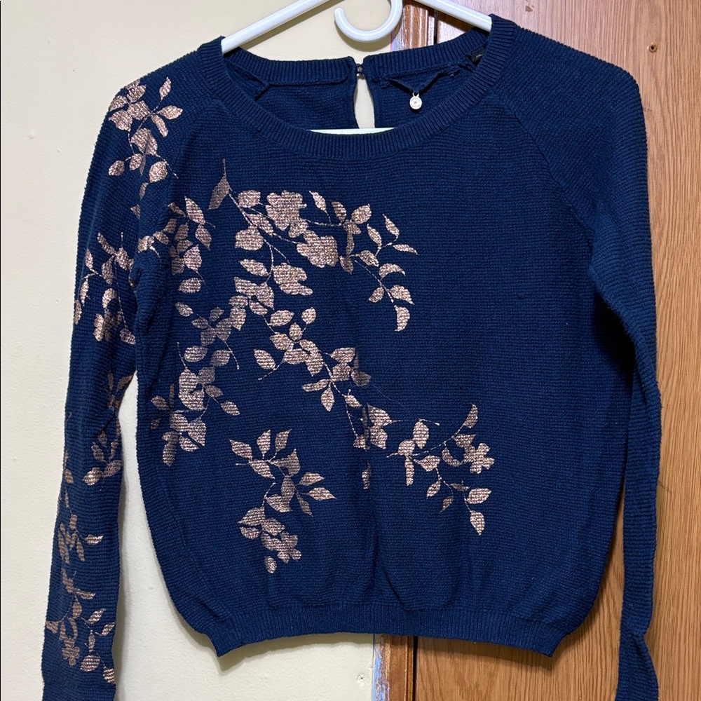 Knitted & Knotted / Anthropologie Navy Blue Sweater with Gold Leaf Design
